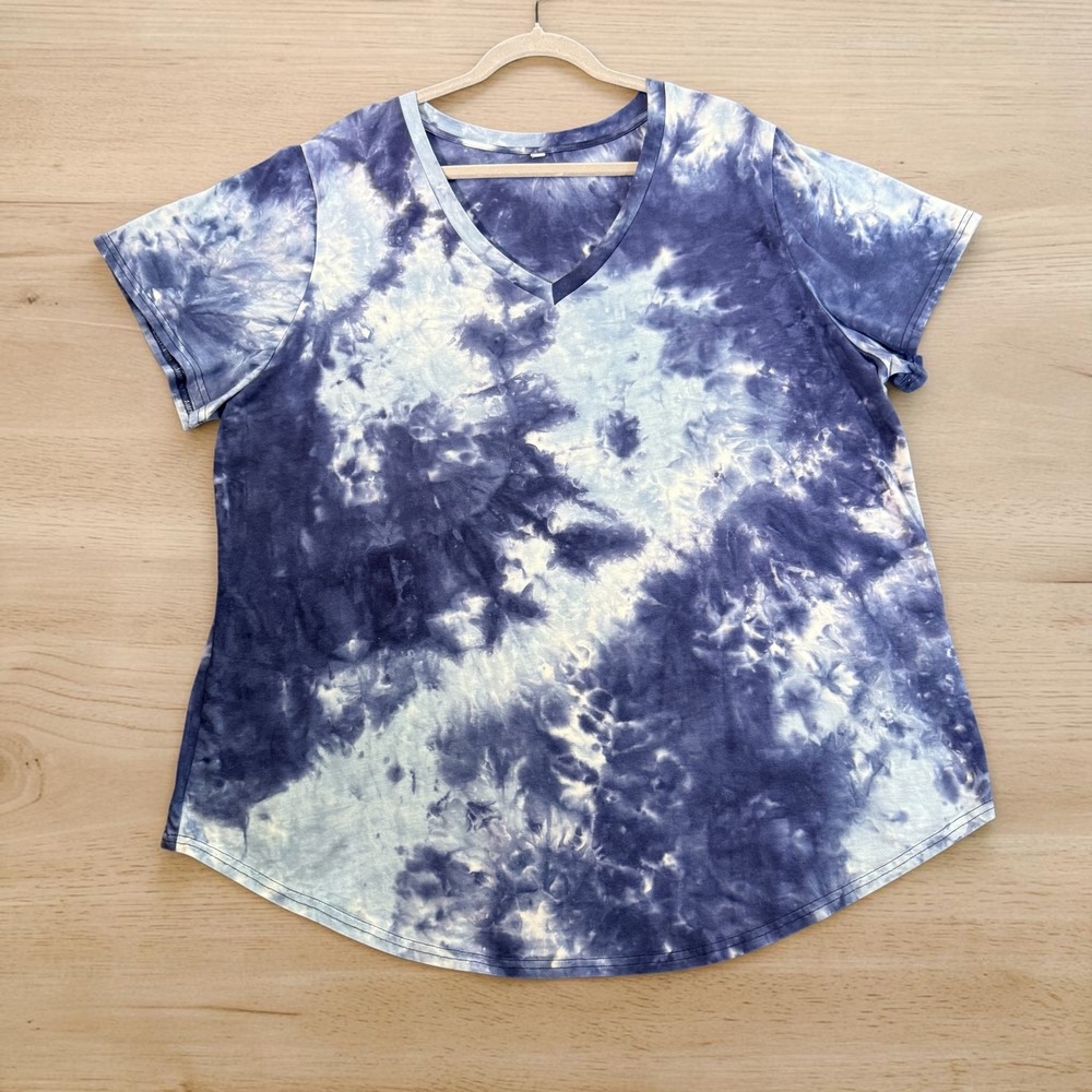 Womens Plus Size 3XL Tie Dye V-Neck Short Sleeve T-Shirt Blue White GTB4-0322